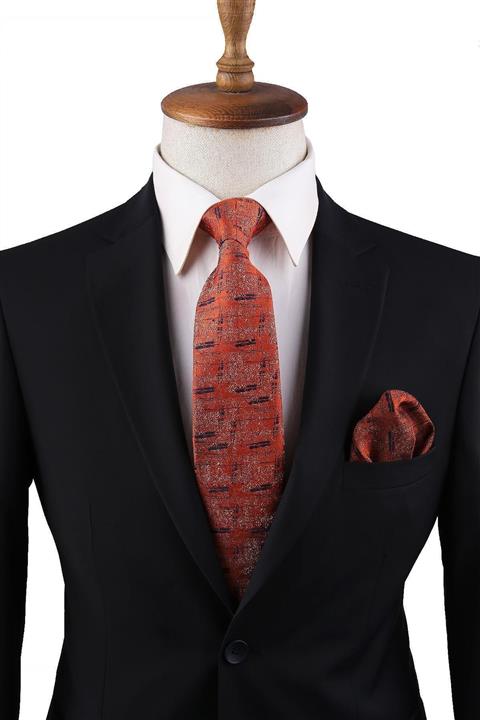 Kravatkolik Turuncu Motif Desen Mendilli Klasik Kravat Kk10820