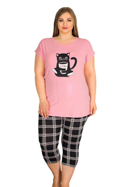 by HW Kadın Büyük Beden Ekoseli Kapri Pijama Takımı