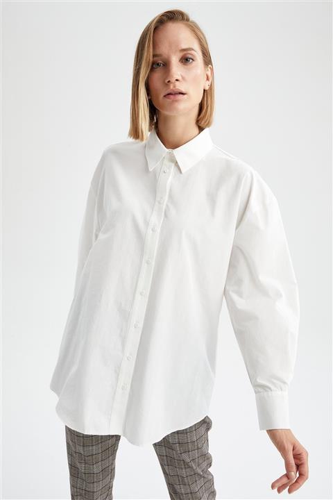 DeFacto Sırt Dekolteli Oversize Fit Pamuklu Poplin Gömlek Tunik