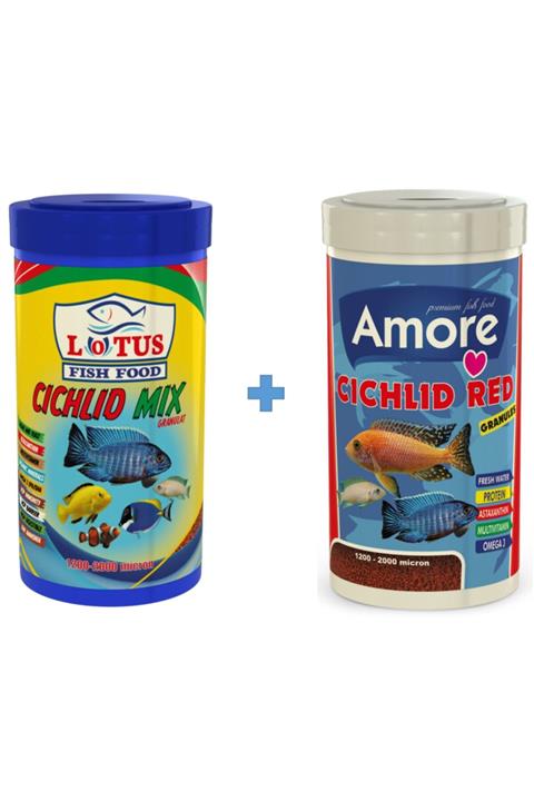 Lotus Cichlid Mix 1000ml + Amore Cichlid Red 1000ml Ciklet Balık Yemi
