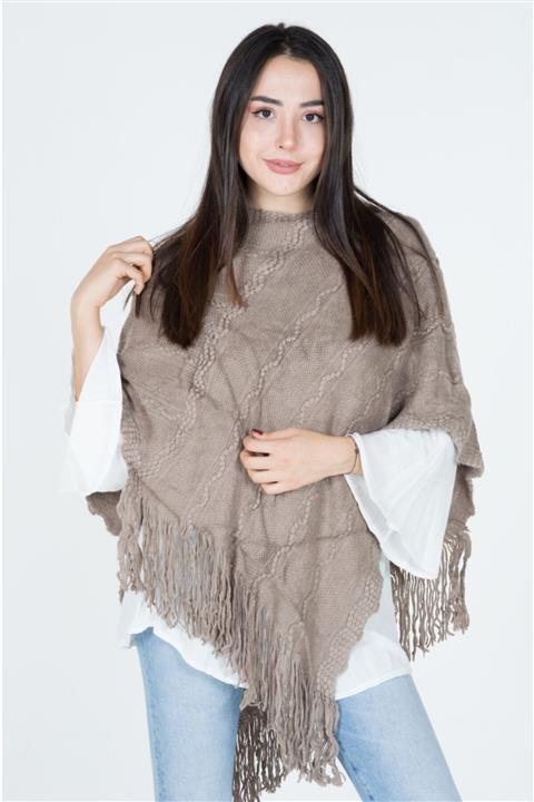 Hentley Kadın Vizon Boğazdan Geçmeli Üçgen Triko Panço