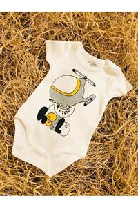 Fuar Baby Unisex Bebek Beyaz Renk Helikopter Baskılı %100 Pamuk Çıtçıtlı Body