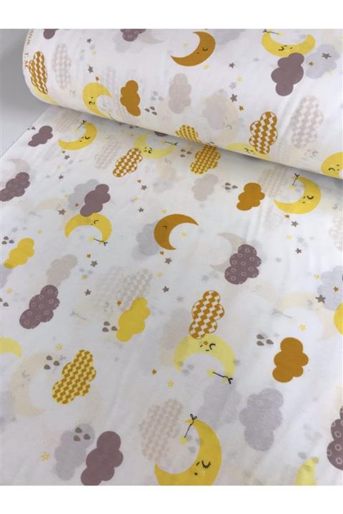 Bebek Özel Pamuklu Bebek Çocuk Lastikli Çarşaf 120x200 Beyaz Sarı Ay Bulut