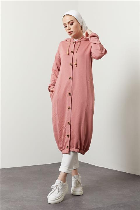 festmoda Kadın Kapüşonlu Giy-çık Uzun Hırka Pembe