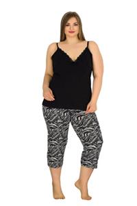 by HW Kadın Siyah Leopar Büyük Beden Askılı Kapri Pijama Takımı