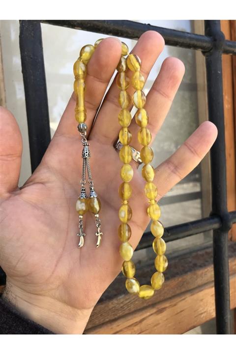 Sultan Telkari Sarı Zülfikar Uçlu Hareli Toz Kehribar Tesbih