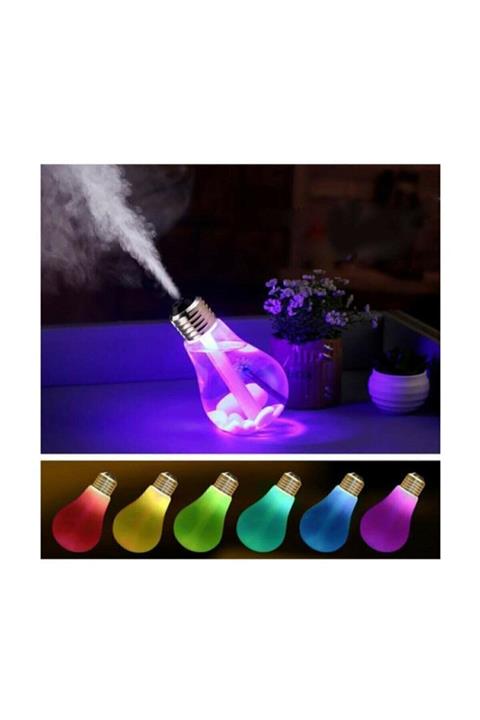AkanHediyelik Ampul Şekilli Oda/hava Nemlendirici Usb Su Hazneli Sıcak Soğuk Buharlı 7 Led Işıklı Lamba