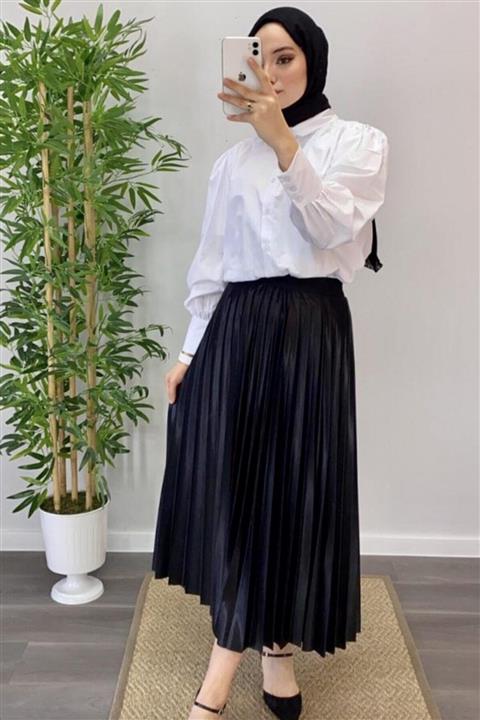 adressbutik Kadın Siyah Renk Pliseli Belden Lastikli Etek