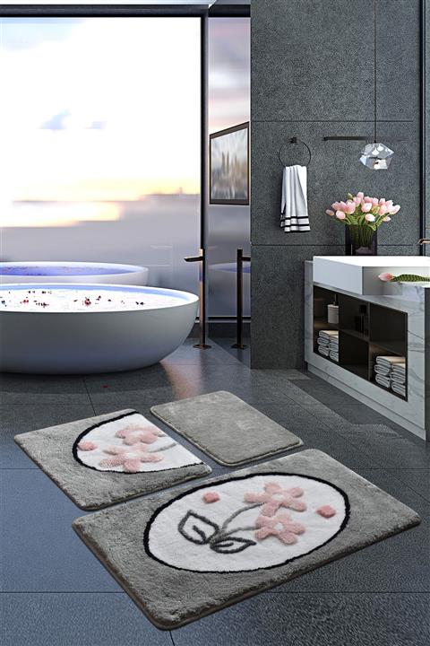 Chilai Home Ladure Gri 3 Lu Set Klozet Takımı, Banyo Paspas Seti Halısı
