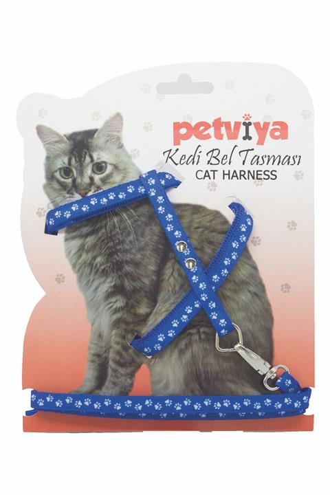 petviya Pati Desenli Mavi Ayarlanabilir Kedi Göğüs Bel Tasması