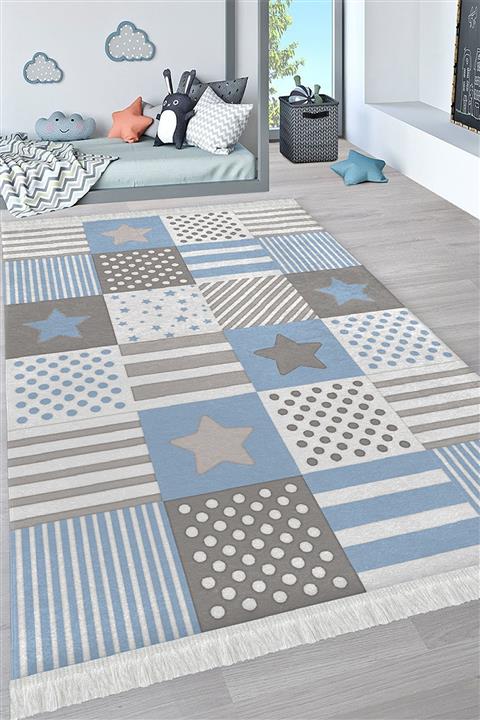 KIVIRCIK HALI Yıkanabilir Pamuk Taban Saçaklı Yıldız Desenli Çocuk Şönil Kilim Halı 80x200 Is-804-a