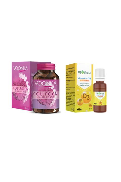 Voonka Collagen Hyaluronic Acid Kolajen 32 Tablet + Venatura Vitamin D3 Takviye Edici Gıda 20 Ml Damla