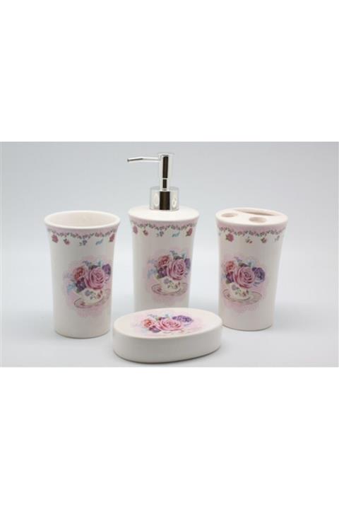 çilekev Beyaz Seramik Mor Çiçekli Sıvı Sabunluk Banyo Seti Takımı 4'lü