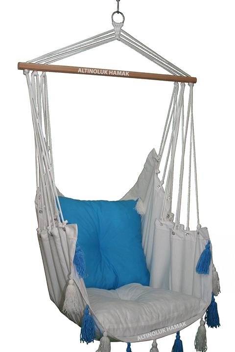 ALTINOLUK HAMAK Sandalye Salıncak Yeni Püsküllü Beyaz Turkuaz Minderli