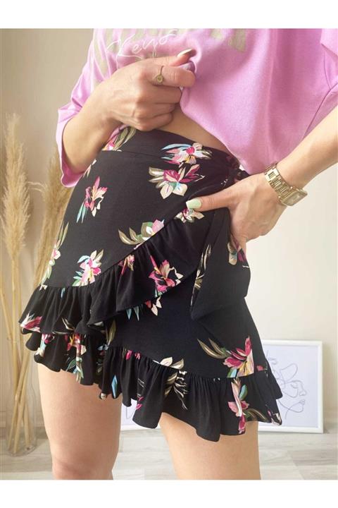 MAİ COLLECTİON Desenli Şort Etek Siyah