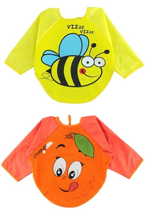 Malkoç 2 Adet Su Geçirmez Portakal Ve Arı Desen Bebek Mama Önlüğü 6-24 Ay