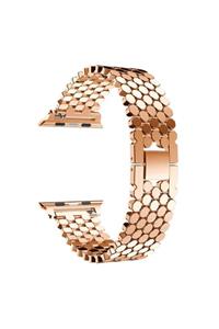 Apple Watch 44 Mm Petek Tasarım Metal Kordon Kayış Rose Gold + Popsocket