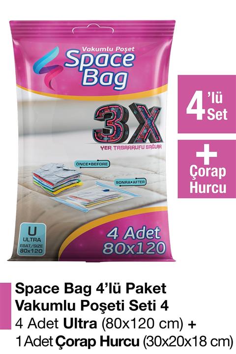 Space Bag 4 Adet 80x120 Vakumlu Poşet Seti + 1 Adet Çorap Hurcu