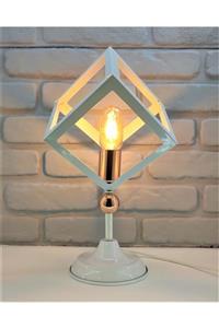 365GUNSERİSONU Beyaz Vintage Retro Metal Ayaklı Bakır Toplu Ve Duylu Metal Şapkalı Abajur Masa Lambası