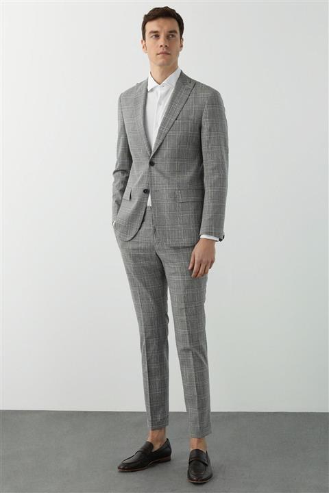 Network Erkek Slim Fit Bej Ekoseli Takım Elbise 1078614