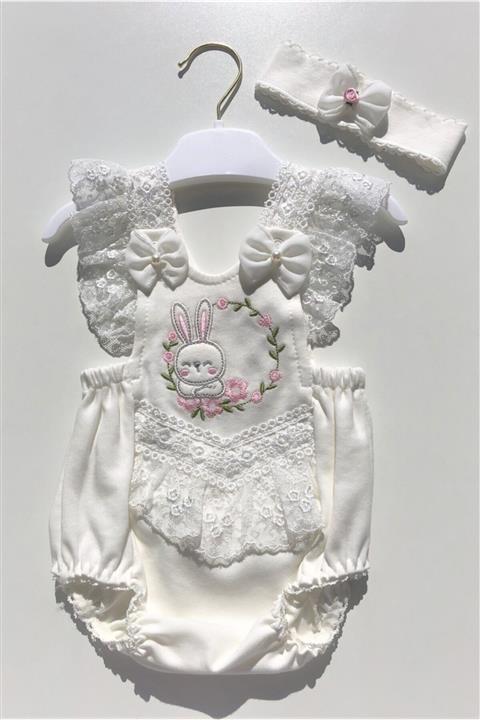 Kardeşler Bebe Kız Bebek Beyaz Dantelli Salopet