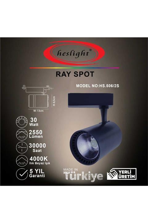 HESLIGHT Hs.506/2s 30w Cob Led Ray Spot Siyah Kasa 4000k Ilık Beyaz Işık