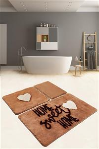 Chilai Home HOME SWEET HOME KAHVE 3 LU SET Yıkanabilir Klozet Takımı Banyo Halısı Paspas