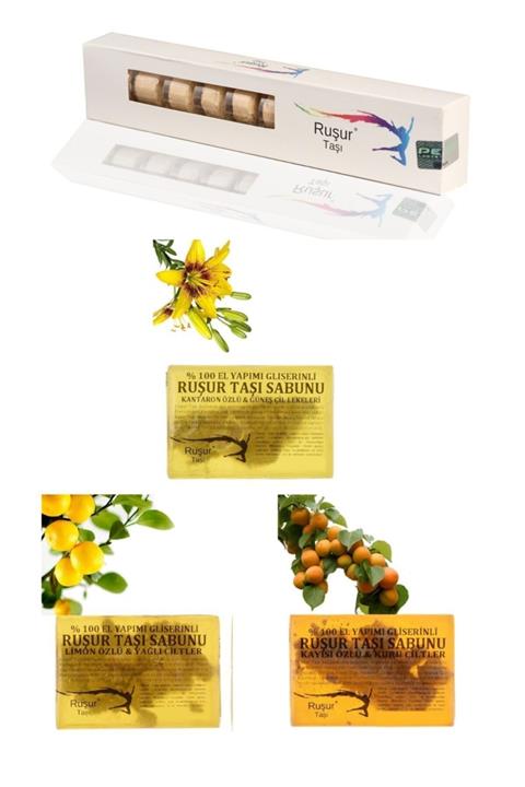 Ruşur Sefidab 1 Kutu Ruşur Taşı + 1 Kantaron Özlü + 1 Limon Özlü + 1 Kayısı Özlü Ruşur Taşı Sabunu