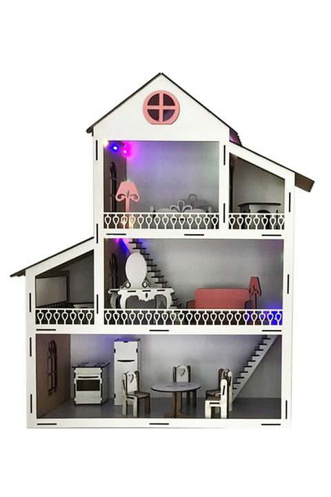 Engözde Tasarımlar Pembe Işıklı Eğitici Oyuncak Ahşap Ev