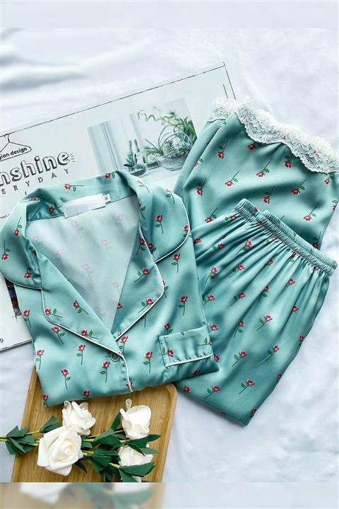 Pembishomewear Kadın Mavi Jasmine Summer Gömlek Yaka Saten Pijama Takımı 2li