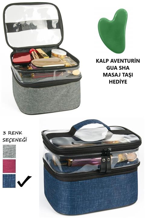 3 Lacivert Makyaj Çantası Ve Aventurin Gua Sha Masaj Taşı, Seyahat Gezi Çantası