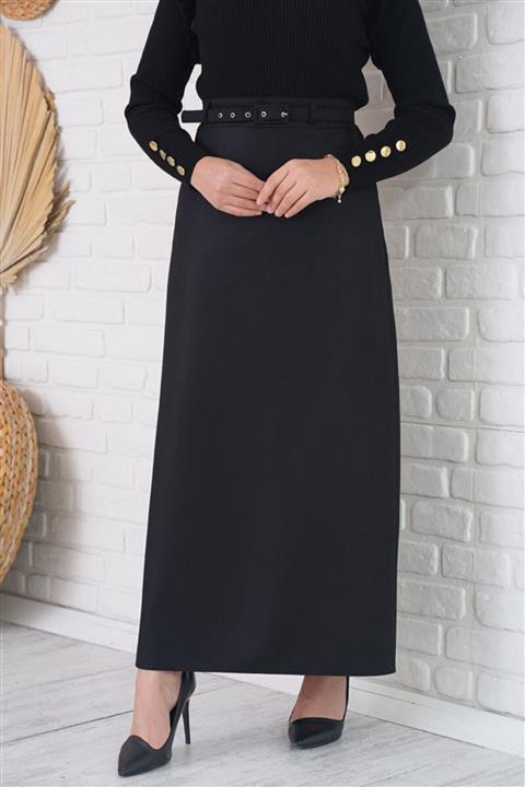Afilva Kadın Büyük Beden Kemerli Siyah Etek