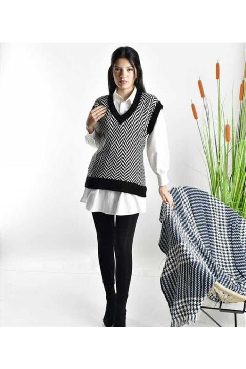 my shadow Kadın Siyah Zigzak V Yaka Triko Süveter