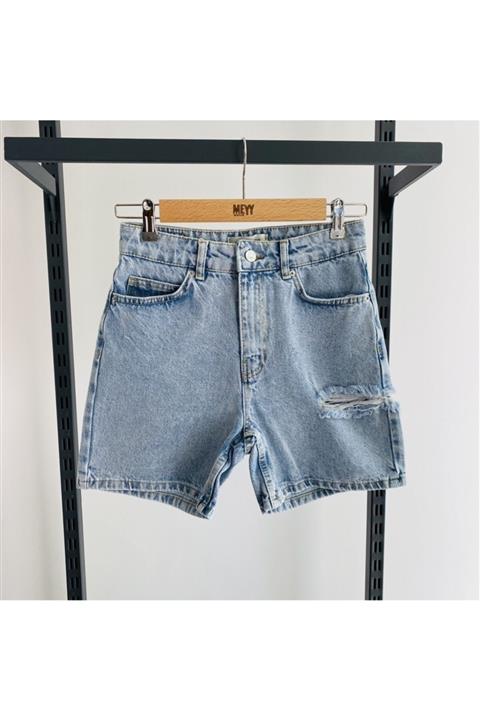 Dilvin Kadın Mavi Yanı Lazerli Mom Şort Pa4400