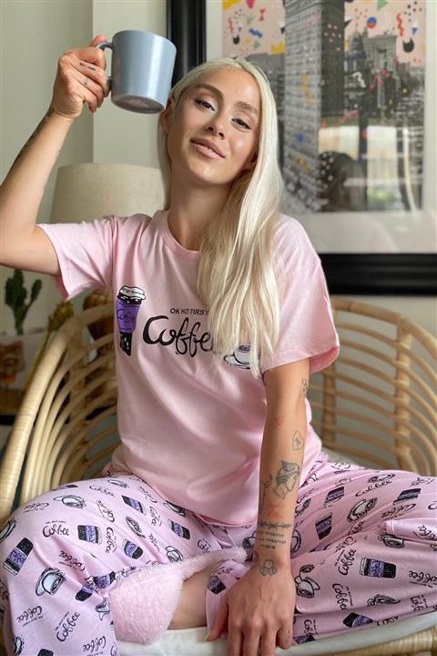 Pijamaevi Kadın Pembe Coffee Baskılı Kısa Kollu Pijama Takımı