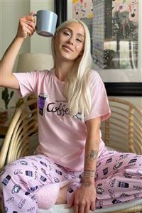 Pijamaevi Kadın Pembe Coffee Baskılı Kısa Kollu Pijama Takımı