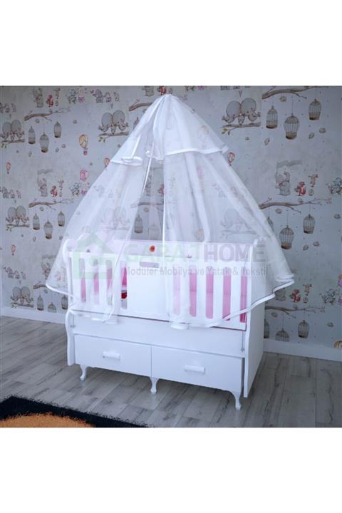 Garaj Home Erva 70x130 Asansörlü Lüks Uyku Setli Beşik Kombini- Uykuseti Pembe