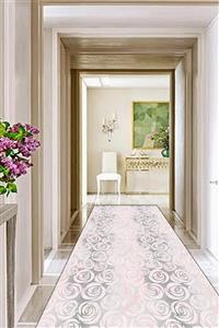 Else Halı 80X300 Else Pembe Gri Güller Düz Renk 3D Modern Salon Kaymaz Yolluk