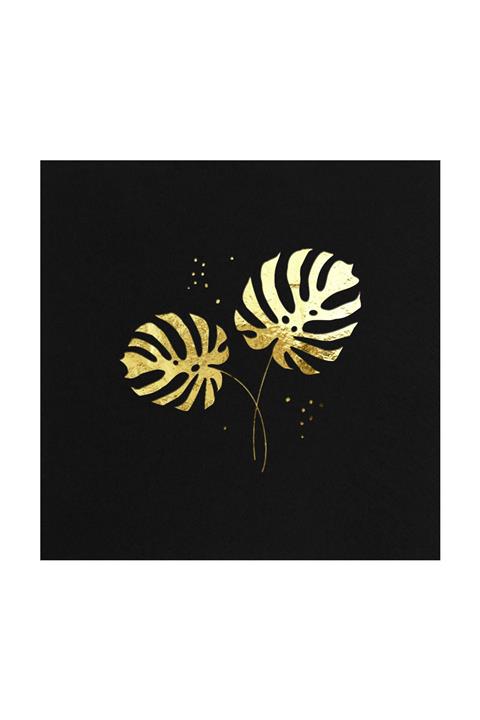 Story Altın Varak Monstera Yaprakları Desenli 16'lı Siyah Renkli Kağıt Peçete 33 X 33 Cm