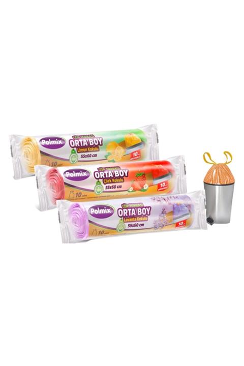 Polmix Büzgülü Kokulu Orta Boy 55x60cm 30 Adet Çöp Torbası 3'lü set (lavanta,çilek,limon)