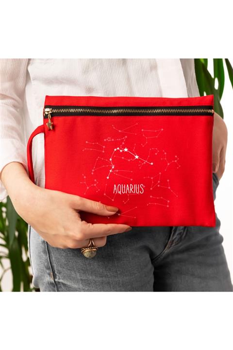 Hediyesepeti Kova Burcuna Özel İsim Yazılı Kırmızı Renk Kanvas Makyaj Çantası