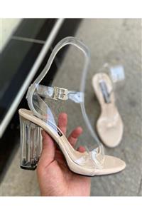 gloriyshoes Kadın Şeffaf Bilekten Bağlı Platformlu Topuklu Sandalet 10 cm Topuklu 1.5 cm
