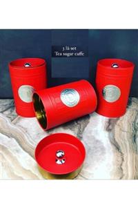 Arrita Home 3 Lü Metal Kırmızı Yuvarlak Çok Amaçlı Saklama Kutusu Çay Kahve Şeker Kavanozu