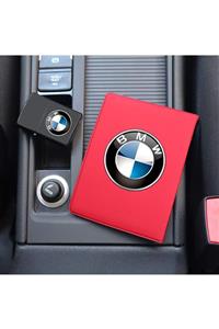 MaveraShop Özel Tasarım Bmw Logolu Kırmızı Ruhsat Kılıfı Ve Benzinli Çakmak