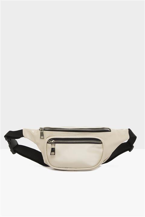 Bagmori Krem Kadın Oval Cepli Kolonlu Saten Bel Çantası