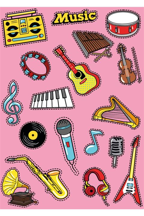 Ünsal Desing Music-davul-keman-gitar-mikrofon-plak-kulaklık-nota-radyo-piyano Stickerları
