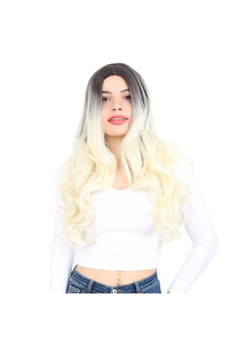 Peruk Market Küllü Siyah  Platin Ombreli Yoğun Dalgalı Fiber Sentetik Uzun Perçemsiz Peruk