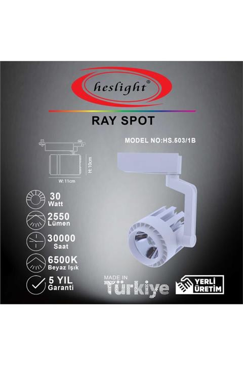HESLIGHT Hs.503/1b 30w Cob Led Ray Spot Beyaz 6500k Beyaz Işık