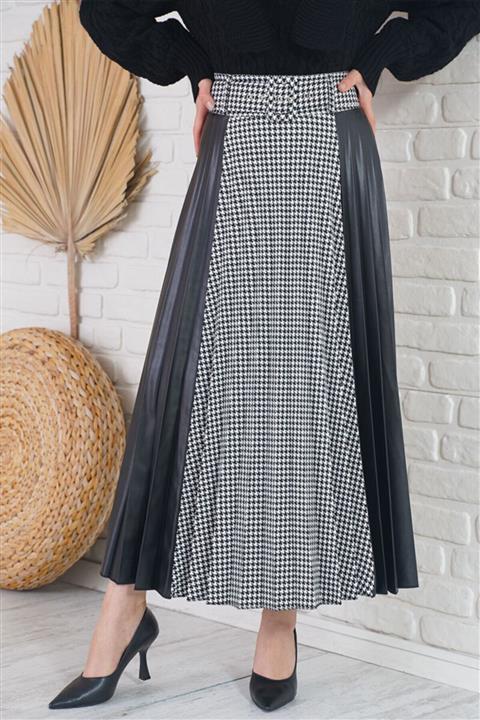 Afilva Kadın Kendi Deseninden Kemerli Beyaz Etek