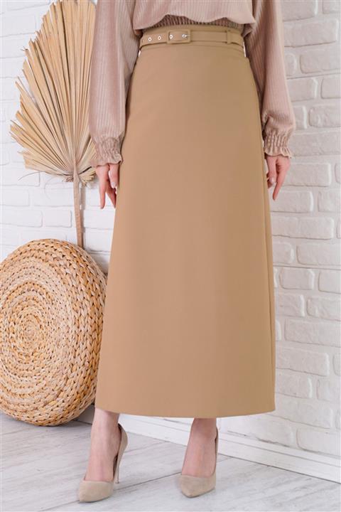 Afilva Kadın Büyük Beden Ince Kemerli Latte Etek